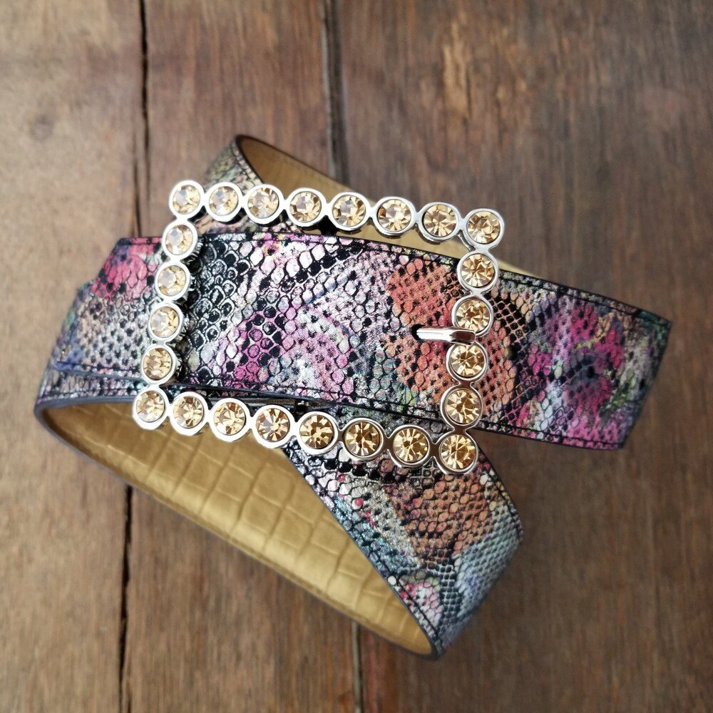 Ceinture reversible femme Motif "fleur tropicale" multi / Or irisé imprimé lézard